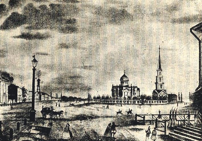Подпись под гравюрой: "Соборная площадь до 1837 г. (до соединения церкви с колокольней)". Фото: Коханский В. C. Одесса за 100 лет