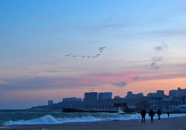 Люди гуляют возле моря. 