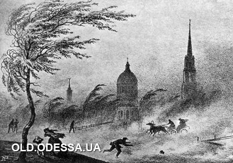 Преображенская улица во время пыльной бури. Рисунок Ф. Гросса. Одесса. 1850