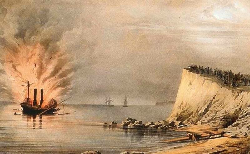 Вид пожара английского парохода-фрегата "Тигр" перед взрывом,30 апреля 1854 года. Изображение "Русского художественного листка", Гросс, Федор Иванович