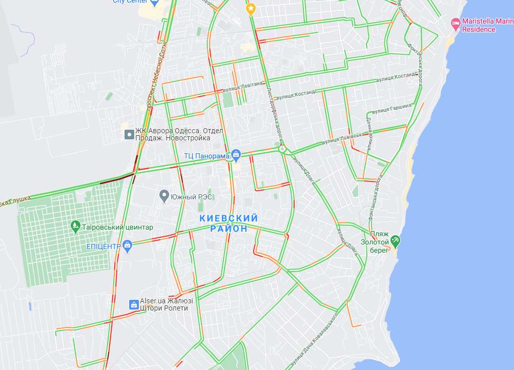 Пробки в Одессе. Скрин карты Googlе