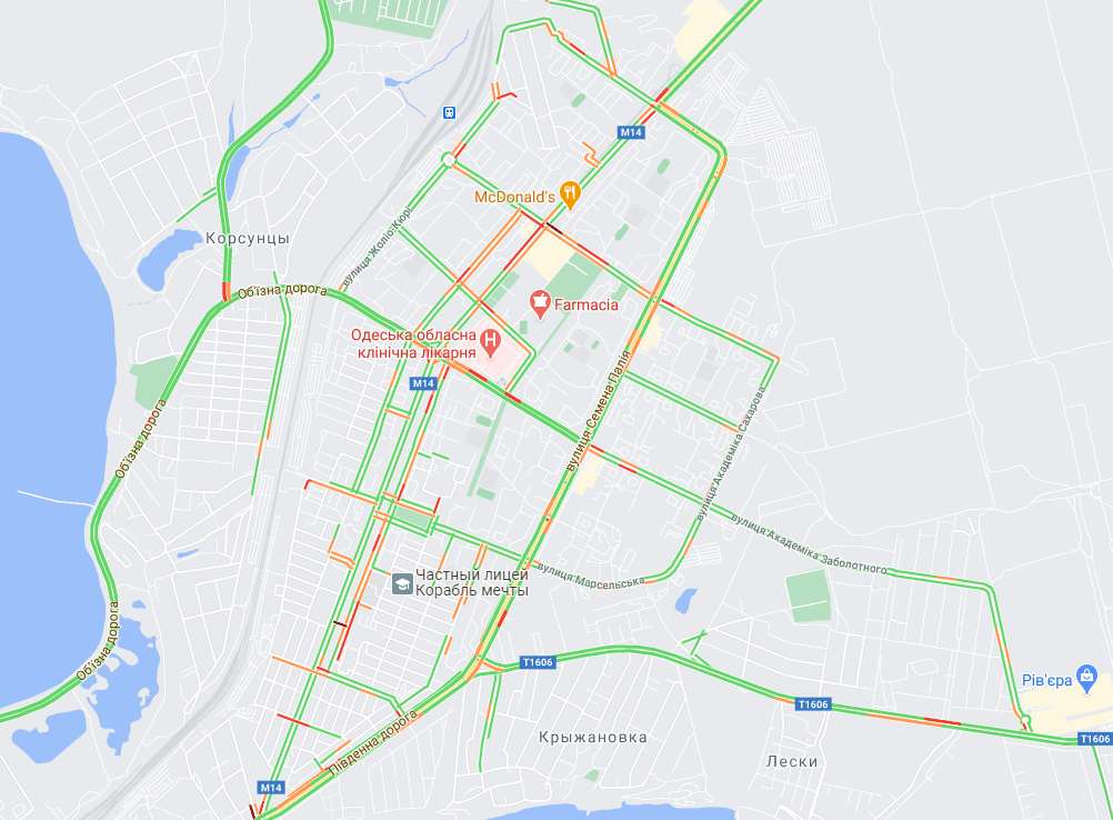Пробки в Одессе. Скрин карты Googlе