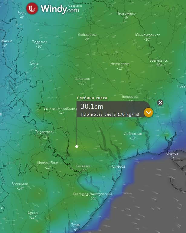 Глубина снежного покрова 29 января. Источник: windy.com
