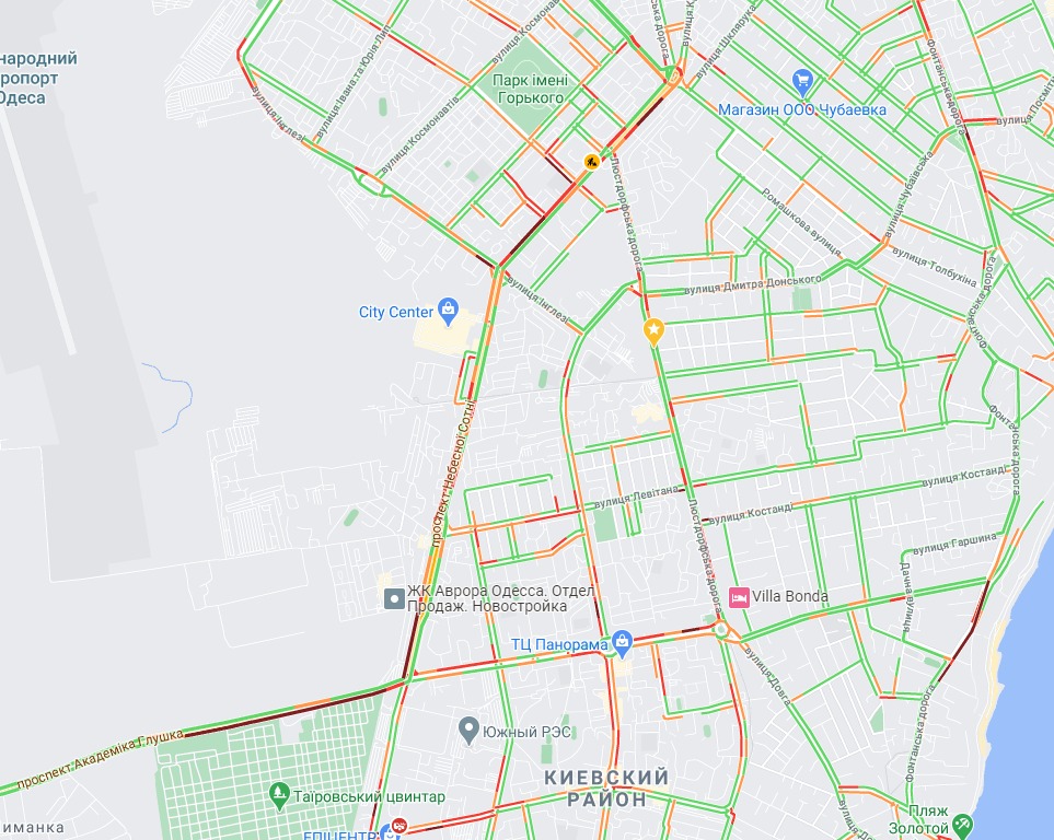 Пробки в Одессе. Скрин карты Googlе
