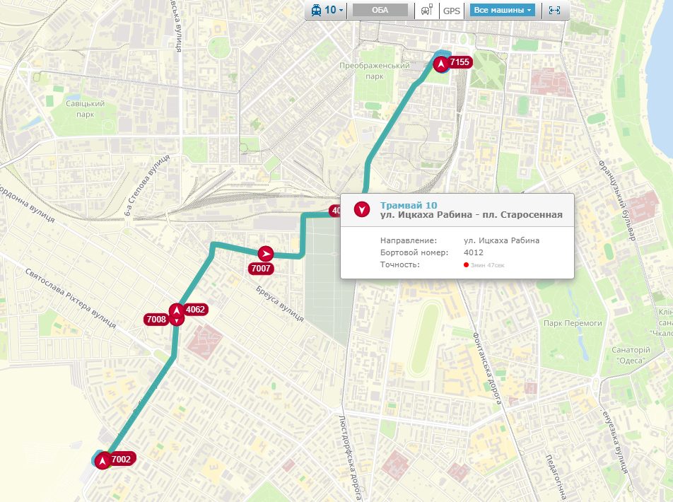 Скрин одесской карты трамваев 