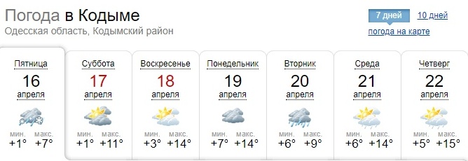 Погода на севере Одесской области. Скрин: Gismeteo 