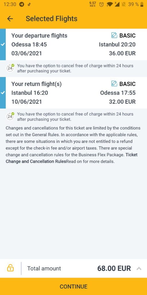 Скрин приложения Pegasus - Uçak Bileti