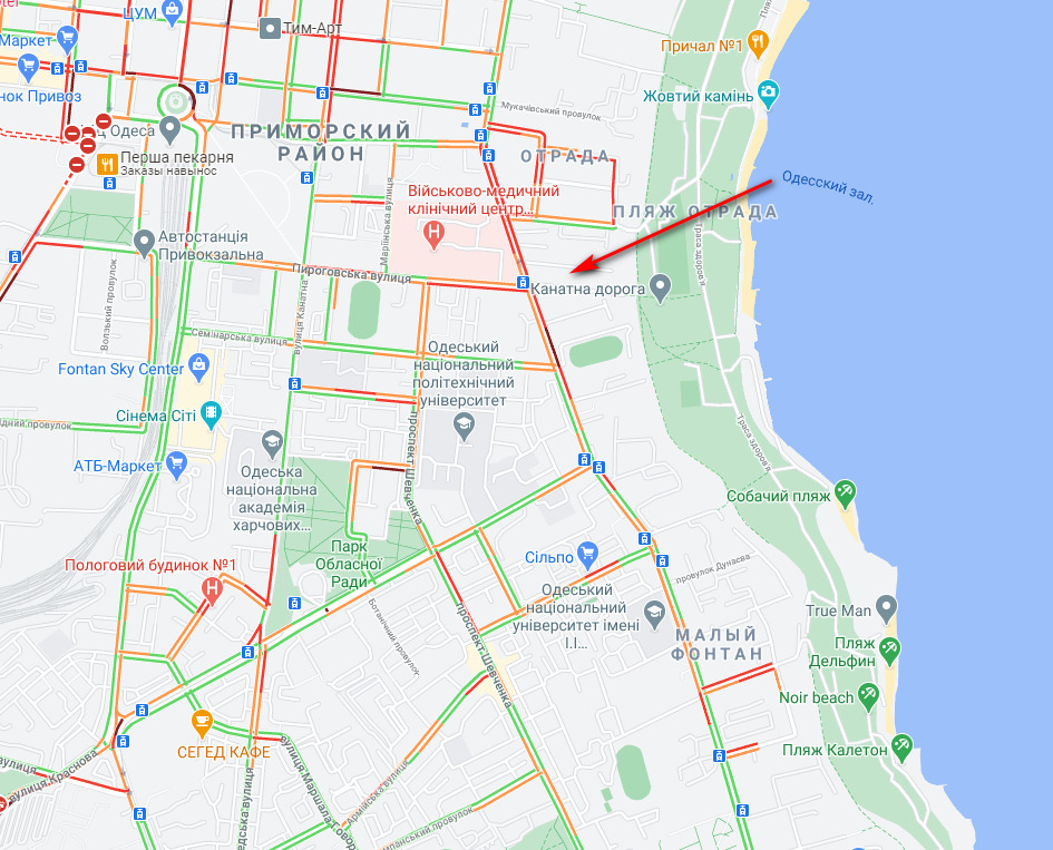 Пробки в Одессе. Скрин: Google