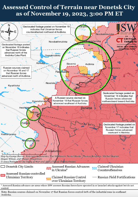 Карта боевых действий в Украине на 20 ноября.