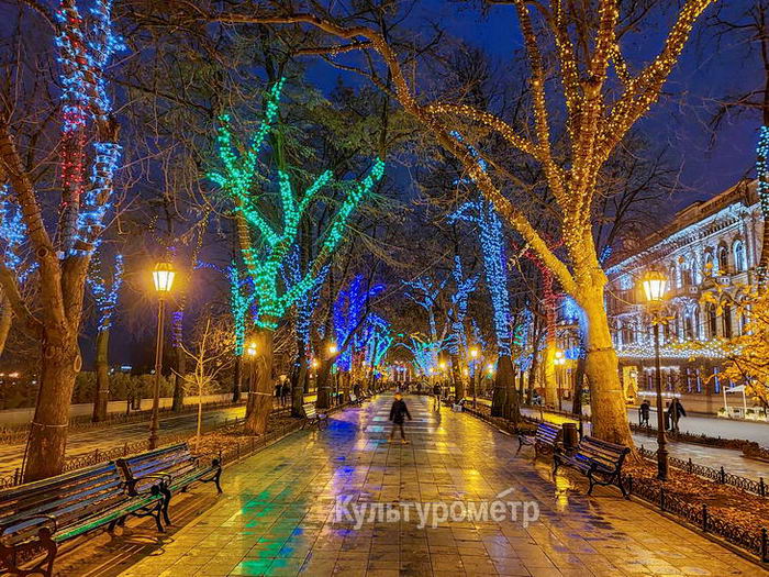 На Приморском бульваре включили новогоднюю иллюминацию.