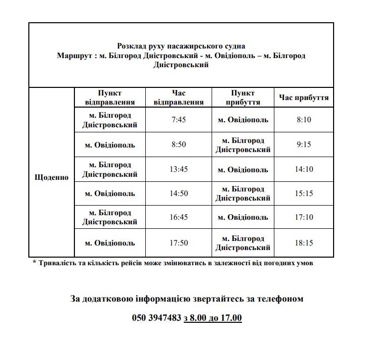 Расписание судна из Белгород-Днестровского в Овидиополь сова изменили.