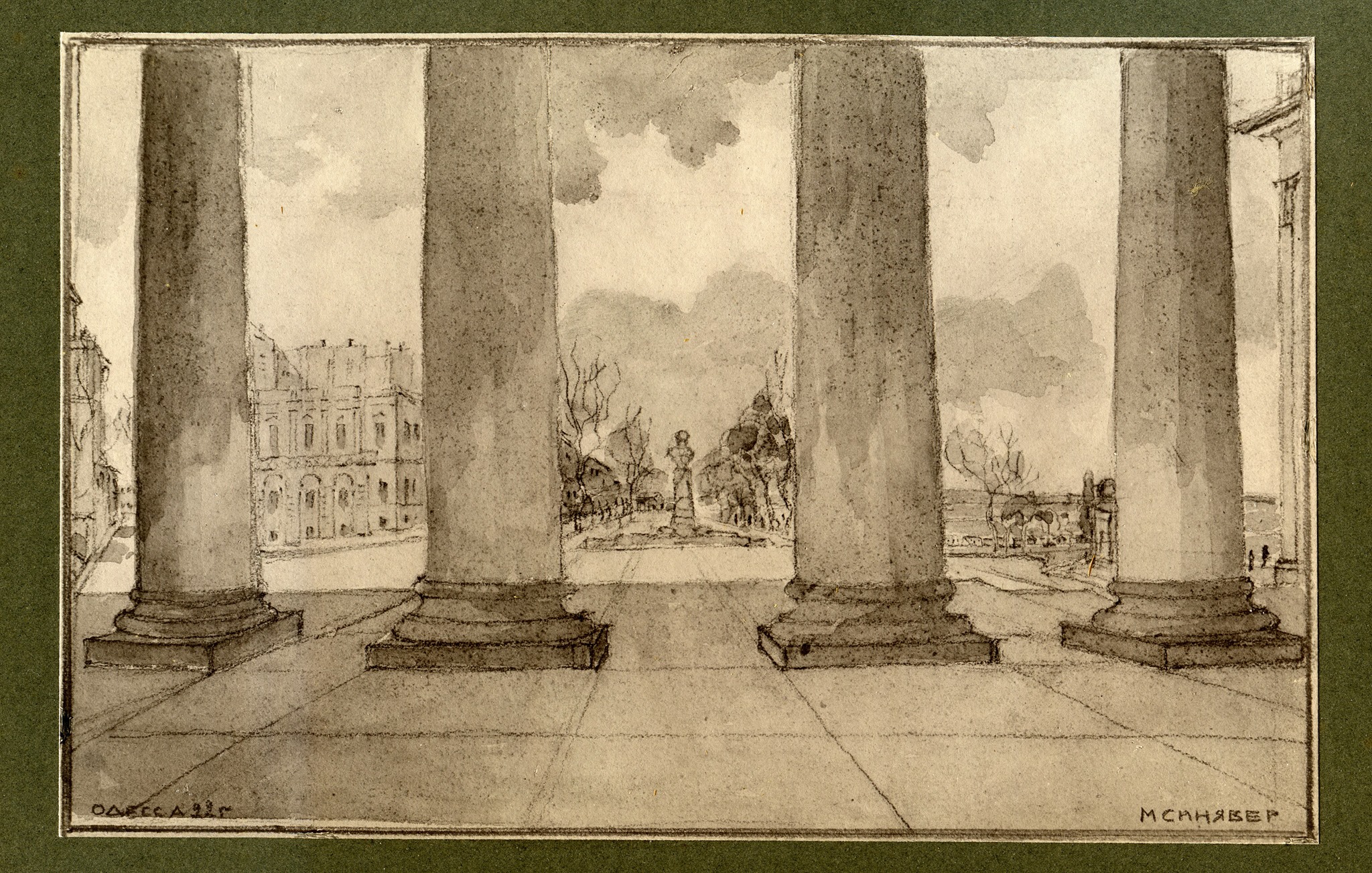 Вид на бульвар через колони біржі (нині Одеської мерії)