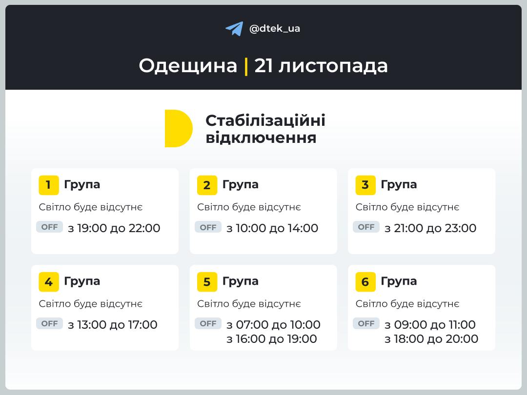 Графики отключений света в Одессе на 21 ноября 2024 года.