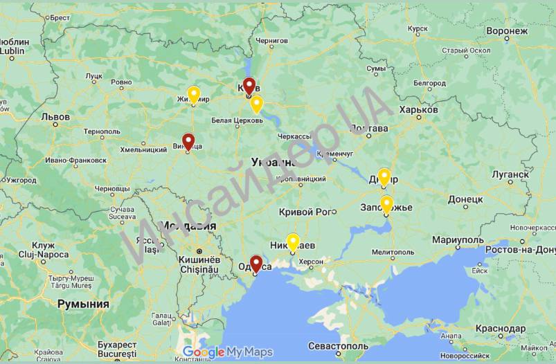Жовтим на карті є регіони, де працювала ППО, червоним — місця прильотів. Фото: Інсайдер