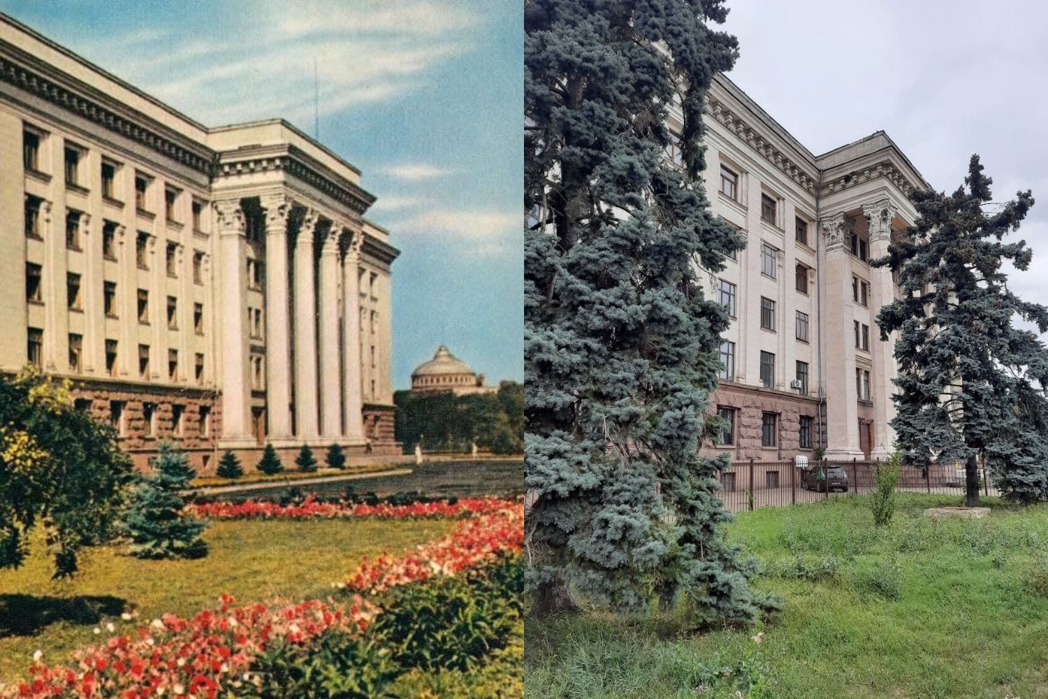 Дом профсоюзов на Куликовом Поле. 1960-е - 2021 год. Фото в книге-фотогармошке "Одесса" (слева), Марина Повертайло (справа)