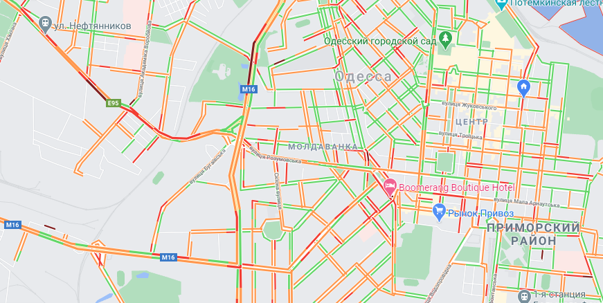 Первые ДТП и нерасчищеные дороги: в каких районах Одессы образовались пробки. Карта: GoogleMap