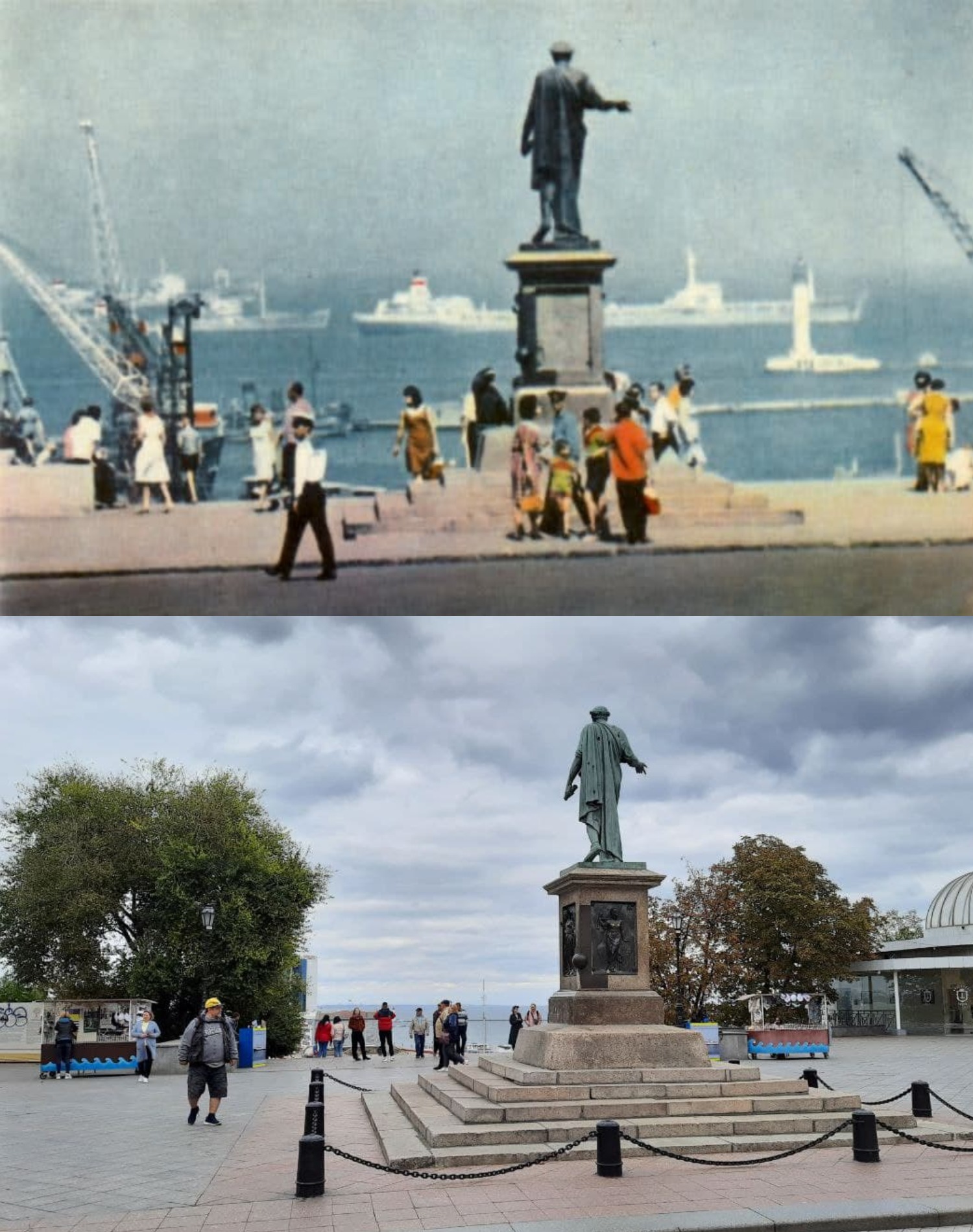 Памятник Дюку. 1967 - 2021 год. Фото О. И. Сайка (сверху), Марина Повертайло (снизу)