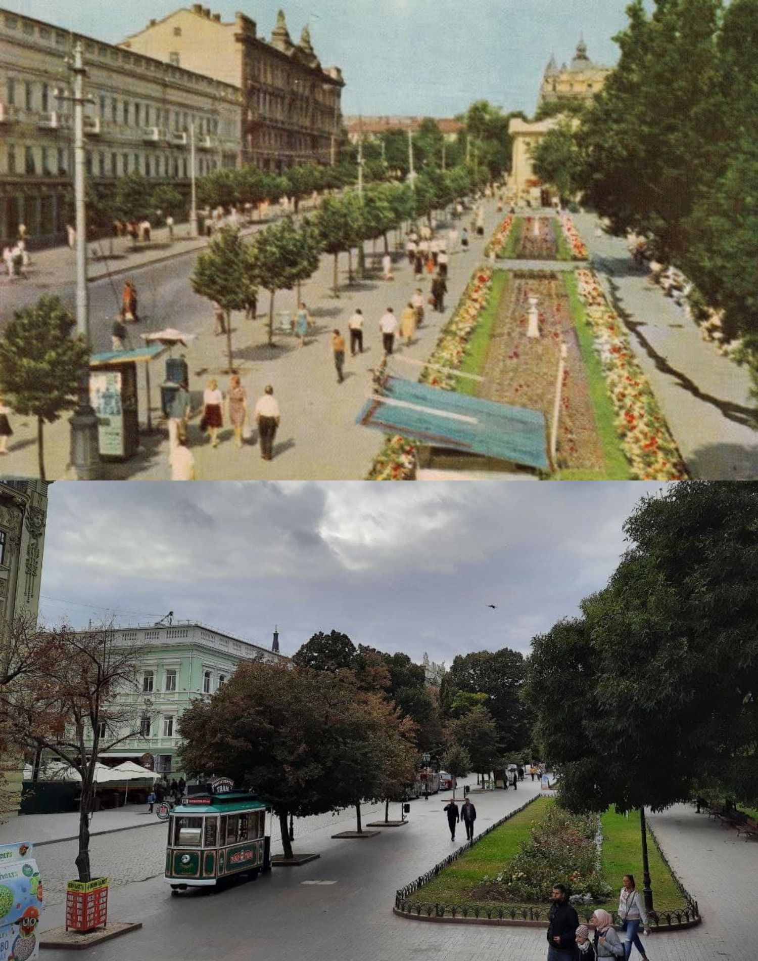 Дерибасовская. 1962 - 2021 год. Фото: А. Подберезского (сверху), Марина Повертайло (снизу)