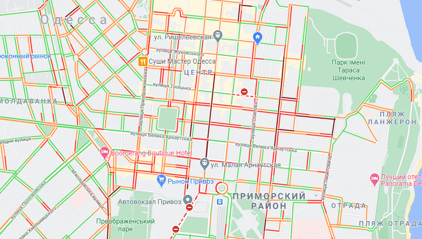 Планируй маршрут: в каких районах Одессы образовались пробки. Карта: GoogleMap