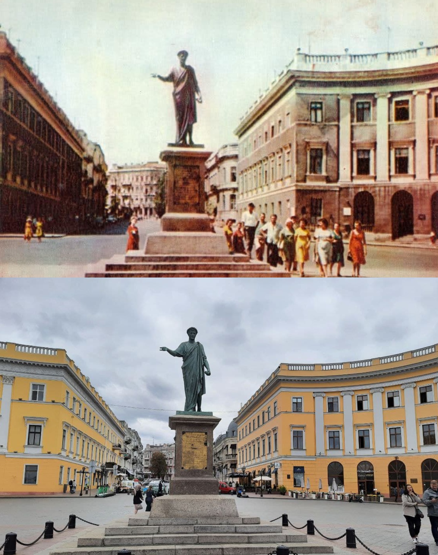 Памятник Дюку. 1963 - 2021 год. Фото из комплекта листовок "Одесса" (сверху), Марина Повертайло (снизу)