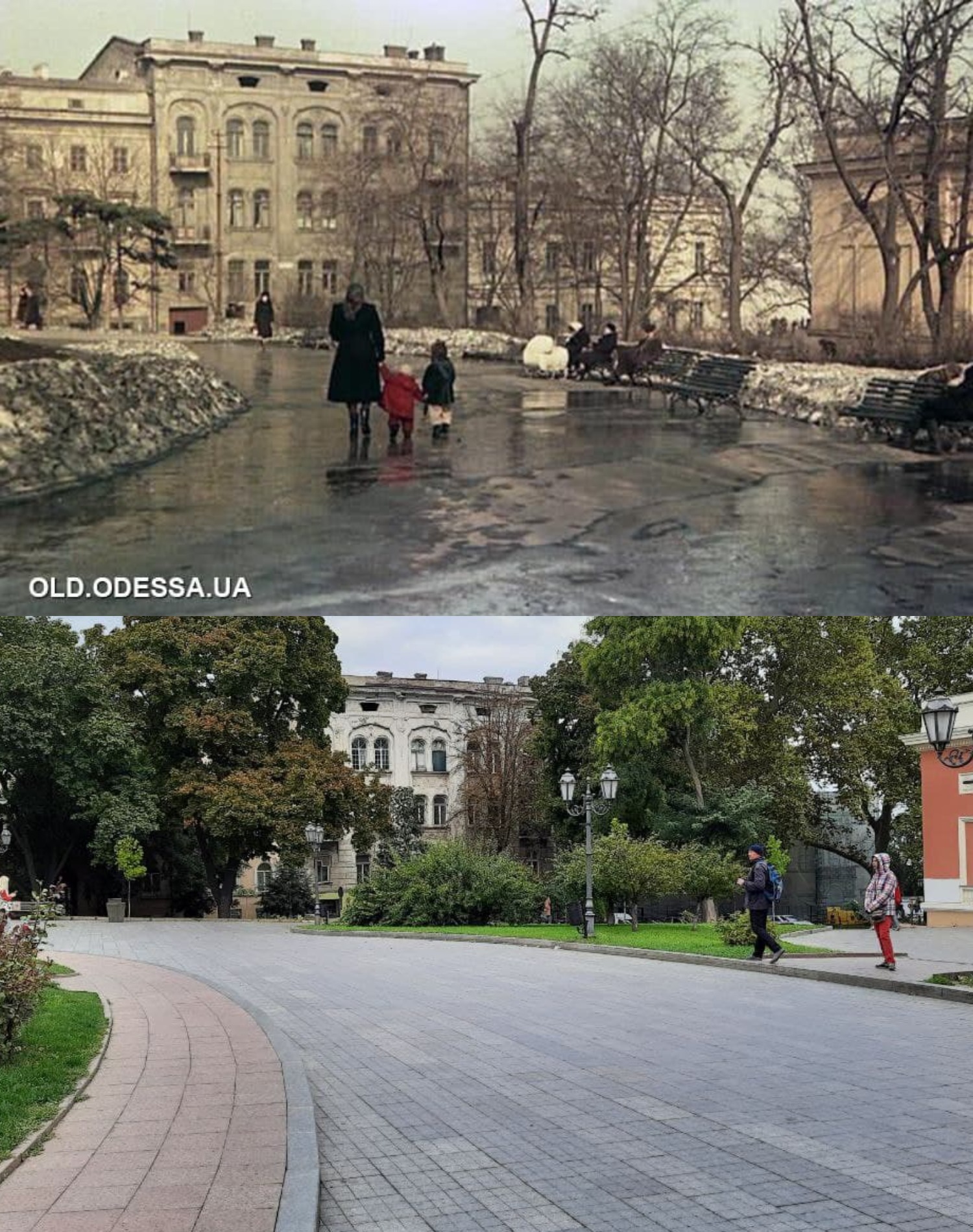 Площадь у Оперного театра. 1954 - 2021 год. Фото: А.И. Молчанов (сверху), Марина Повертайло (снизу)