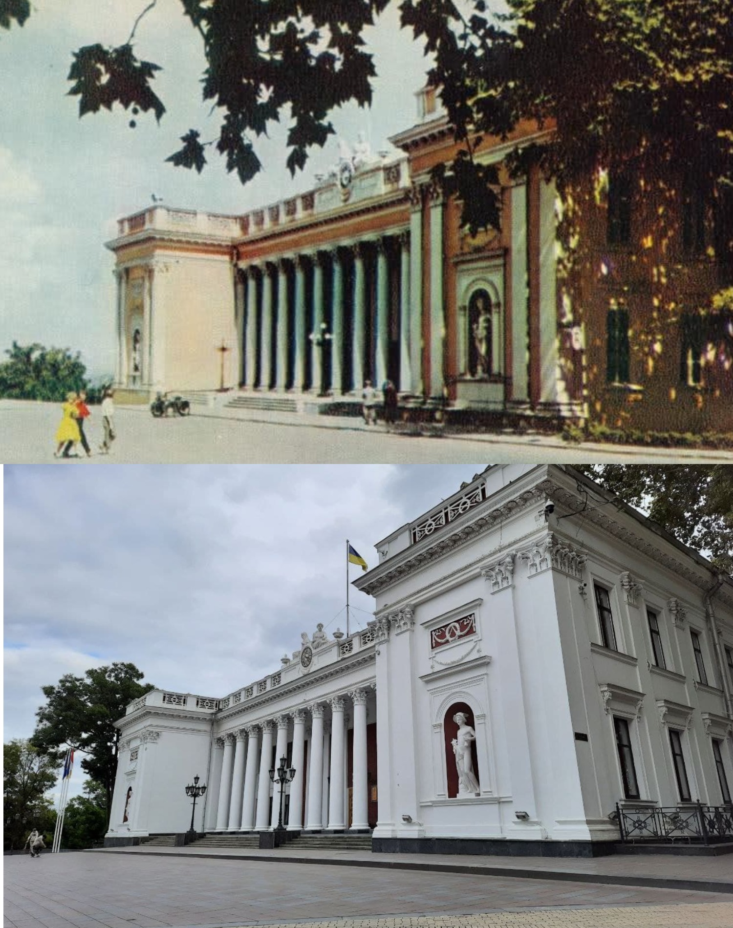 Здание городского совета в Одессе. 1963 - 2021 год. Фото из комплекта листовок "Одесса" (сверху), Марина Повертайло (снизу)
