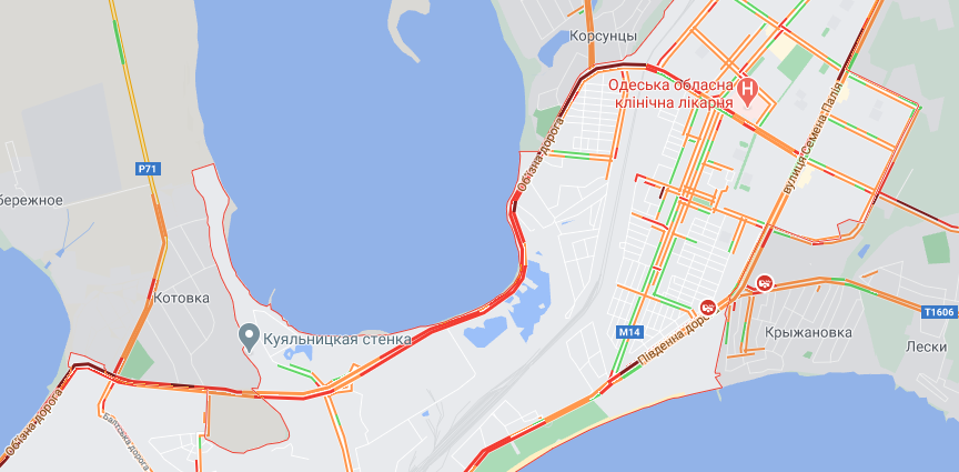 Планируй маршрут: во всех районах Одессы образовались большие пробки. Карта: Google