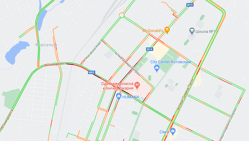 Планируй маршрут: в каких районах Одессы образовались пробки. Карта: GoogleMap