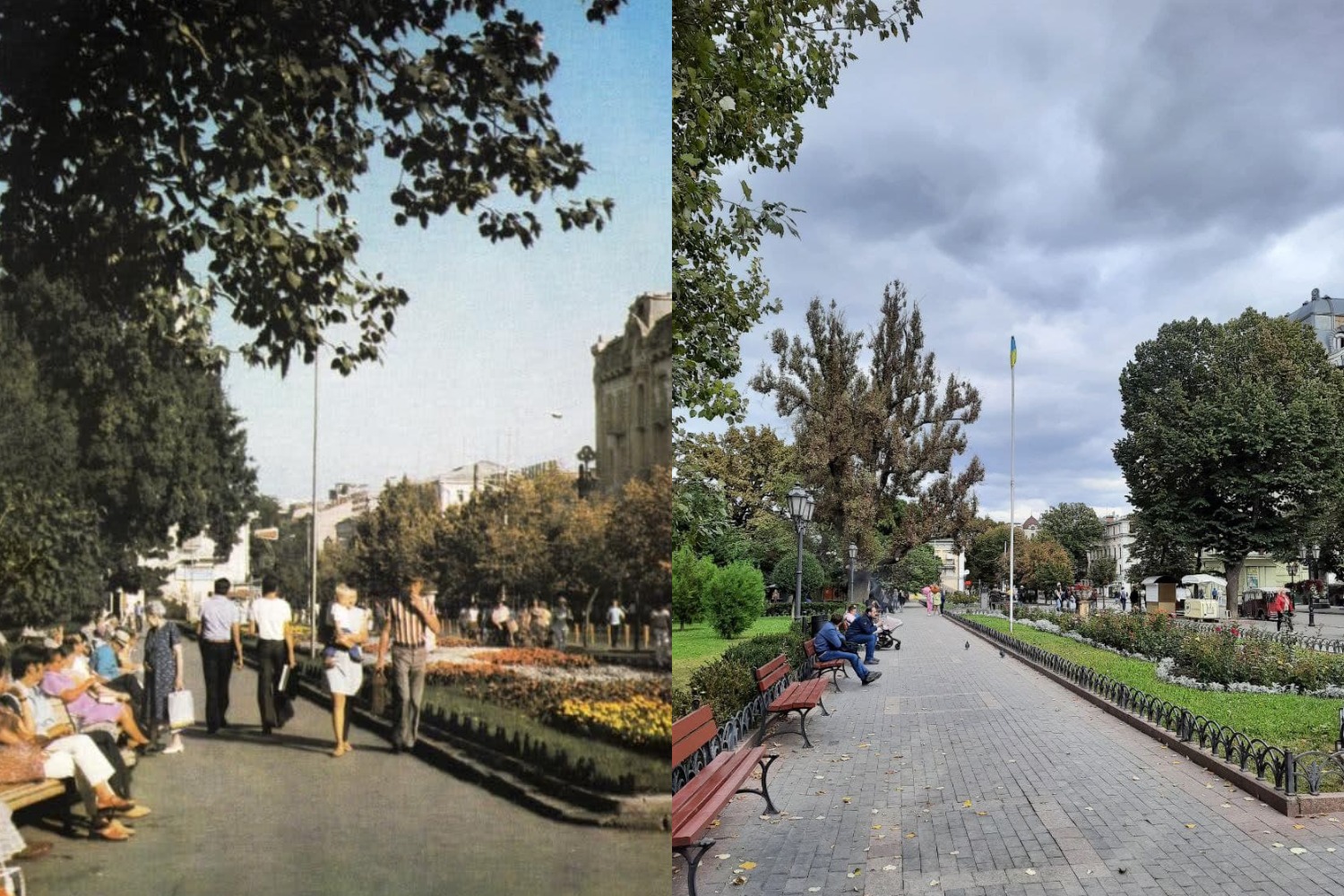 Городской сад Одессы. Дерибасовская. 1976 - 2021 год. Фото в книге "Одесса - Варна" (слева), Марина Повертайло (справа)