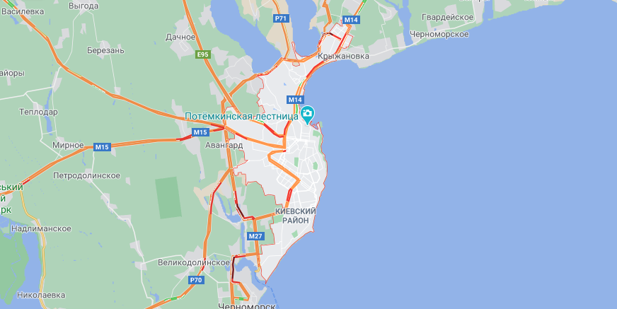 Первые ДТП и нерасчищеные дороги: в каких районах Одессы образовались пробки. Карта: GoogleMap