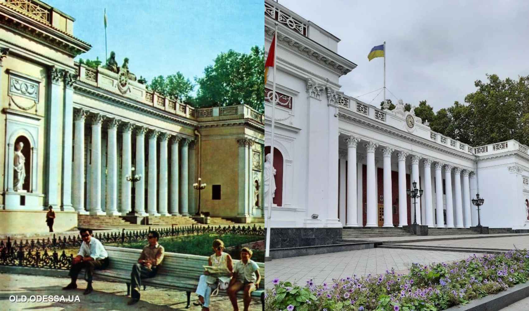 Думская площадь. 1970-е - 2021 год. Фото: viknaodessa.od.ua (сверху), Марина Повертайло (снизу)