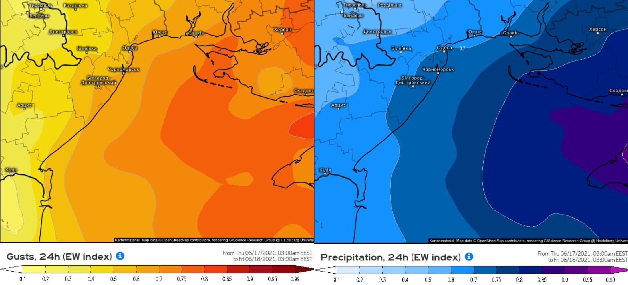 В Одессе и области 17 июня объявили штормовое предупреждение. Карта: The weather LAB