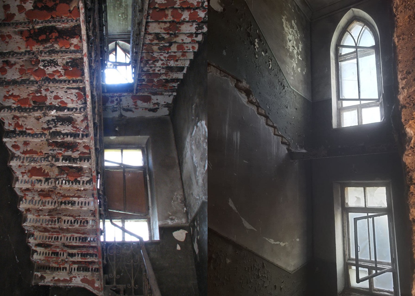 Чугунная лестница в хозяйственном крыле замка Монстров, которые срезали и украли. Фото: sergekot.com (слева), Марины Повертайло (справа)