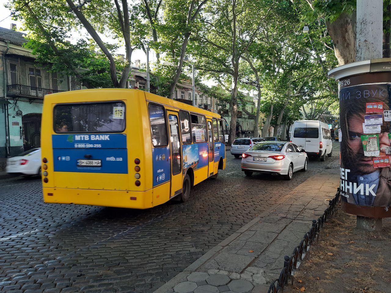 Маршрутка объезжает припаркованные на "аварийке" автомобили. Улица Пушкинская. Фото Марины Повертайло