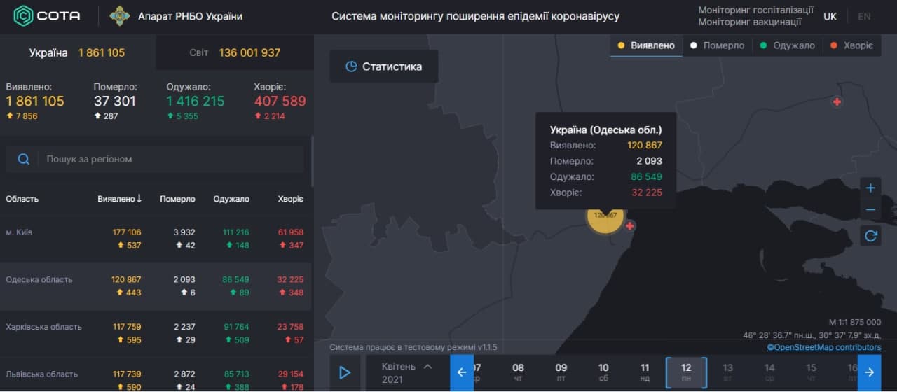 Коронавирус в Одесской области: статистика на 12 апреля 2021 года. Скриншот: covid19.rnbo.gov.ua