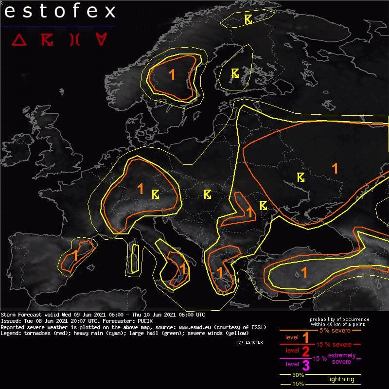 Прогнозируют ливень и град: сегодня в Одессе объявили первый уровень опасности. Карта: ESTOFEX