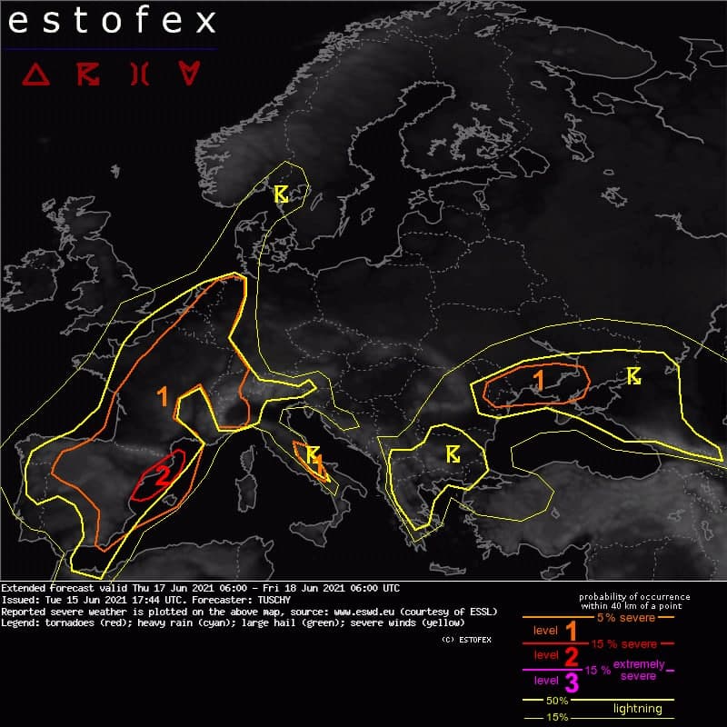 В Одессе и области 17 июня объявили штормовое предупреждение. Карта: ESTOFEX
