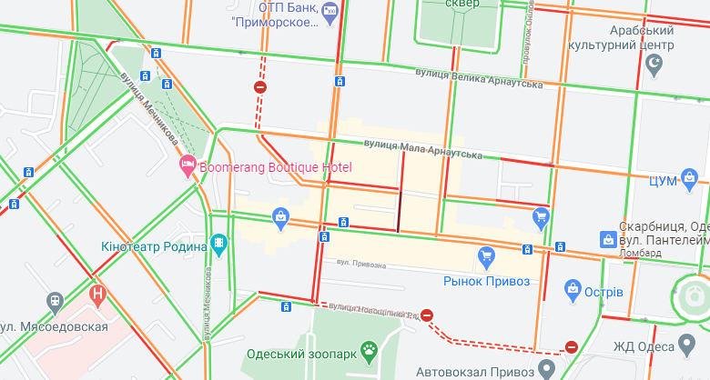 Пробки на Преображенской от Новощепного Ряда до Пантелеймоновской. Карта: Google