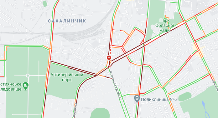 Пробки на Среднефонтанской из-за пожара в жилом комплексе "Апельсин". Карта: Google