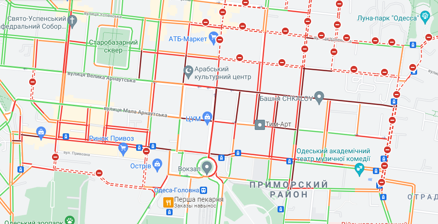 Пробки 13 июня в центральной части Одессы. Карта: Google