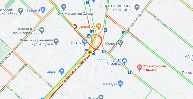 Пробки 14 июня на площади Толбухина. Карта: Google