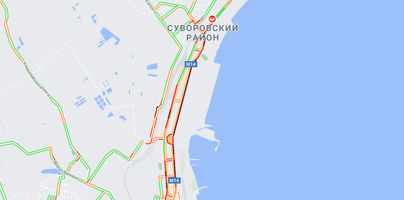 14 июля 2021 года из-за ДТП в сторону поселка Котовского образовалась серьезная пробка. Карта: Google