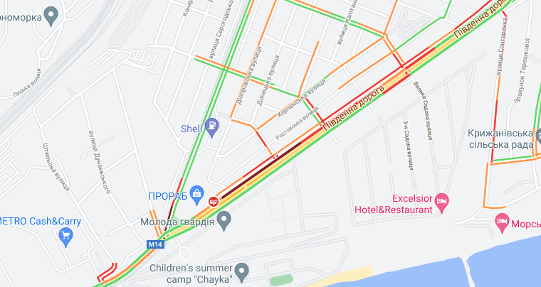 Пробки на Южной дороге 14 июля 2021 года. Карта: Google