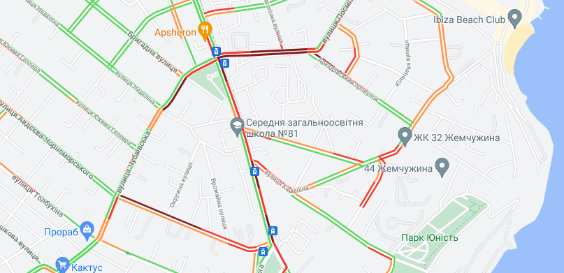 Пробки в районе 5-й станции Большого Фонтана 14 июля 2021 года. Карта: Google