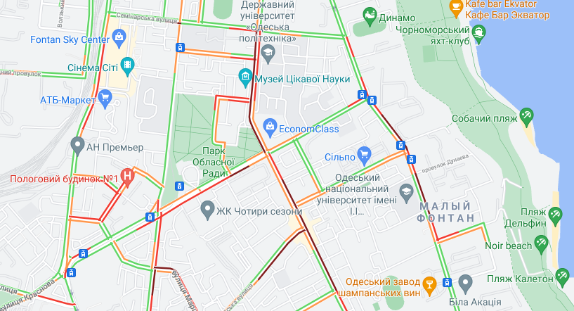 Пробки в Одессе 16 июня 2021 года. Карта: Google