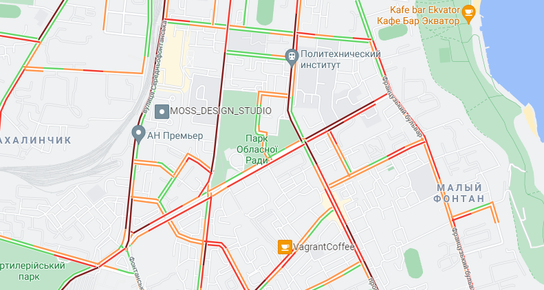 Пробки в Одессе 17 мая 2021 года. Карта: Gogle