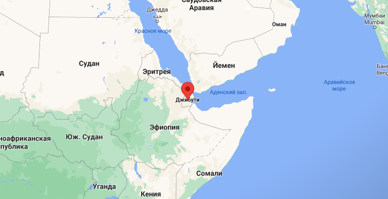 Страна Джибуте, около которой застряло судно с одесситам на борту. Карта: Google