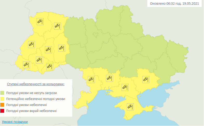 19 мая 2021 года в Одессе и области объявили штормовое предупреждение. Карта: Украинский гидрометеорологический центр