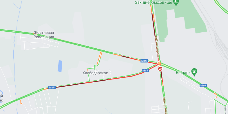 Пробки на дороге в районе Двух Столбов 19 августа 2021 года. Карта: Google