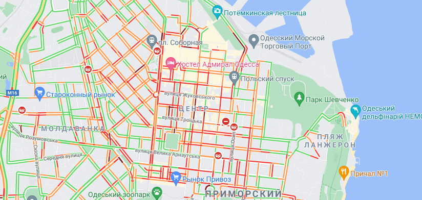 Пробки в Одессе 20 мая 2021 года. Карта: Google